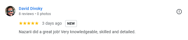 Screenshot of a 5-star Google review by David Divoky. The review, posted 3 days ago, praises Nazarii for doing a great job and describes him as very knowledgeable, skilled, and detailed.